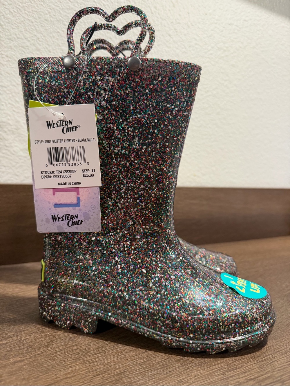 Western Chief Kids Black Multi Glitter Heart-Handle Rain Boots